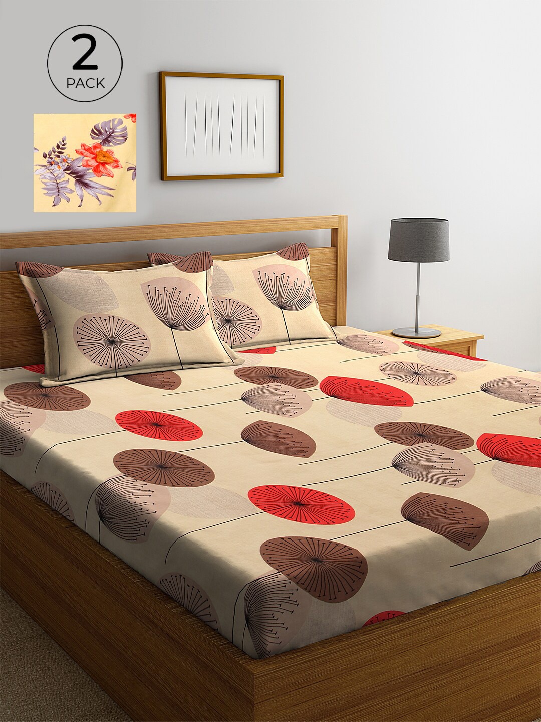 

KLOTTHE Beige & Yellow Floral 210 TC 2 King Bedsheet with 4 Pillow Covers