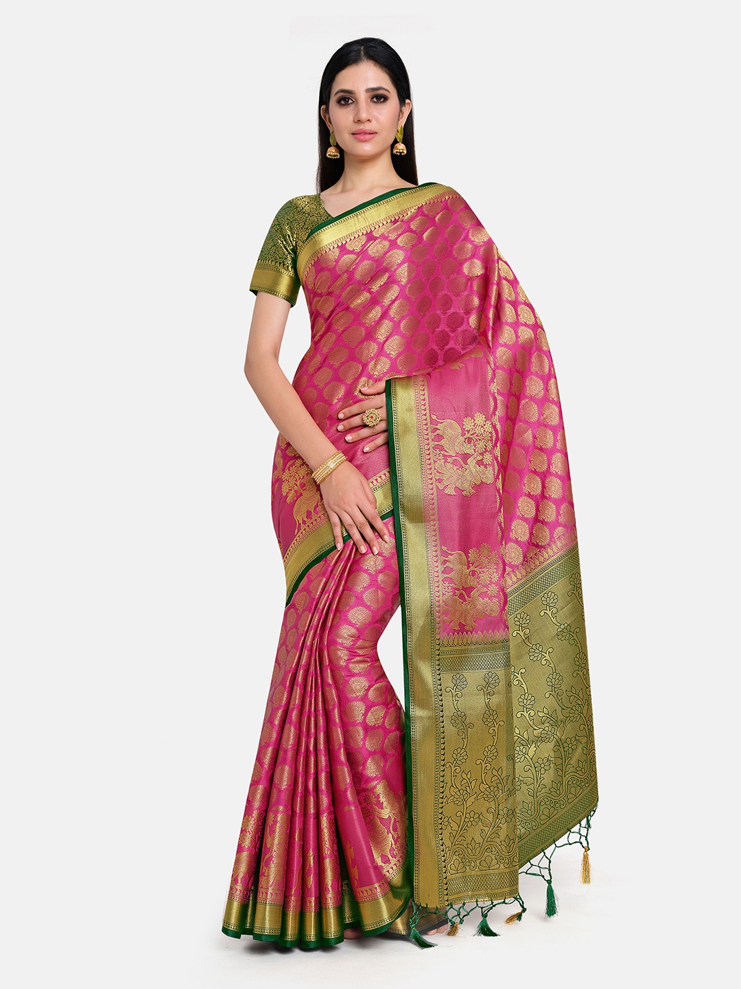 MIMOSA Pink & Green Ethnic Motifs Zari Art Silk Kanjeevaram Saree