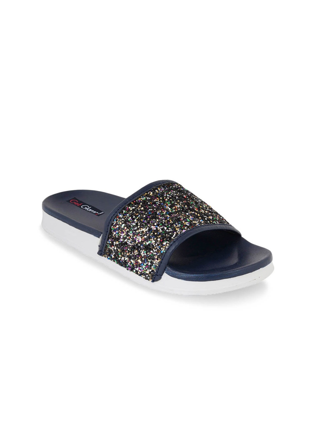 

Get Glamr Women Navy Blue & Gold-Toned Embellished Sliders