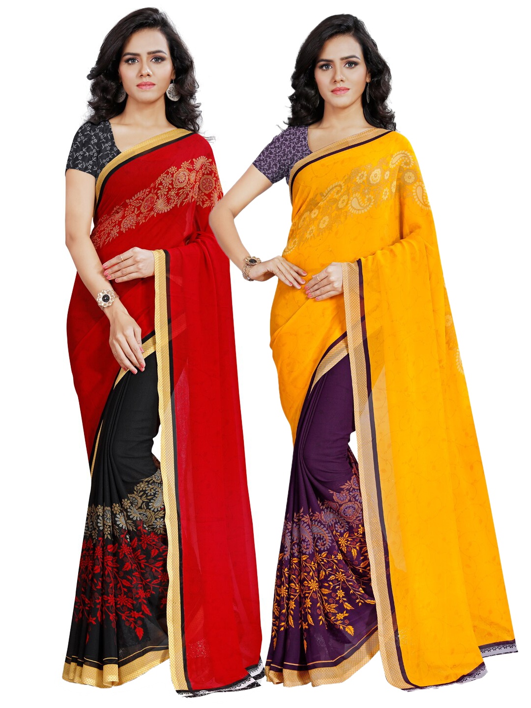 

ANAND SAREES Pack of 2 Red & Yellow Ethnic Motifs Poly Georgette Saree
