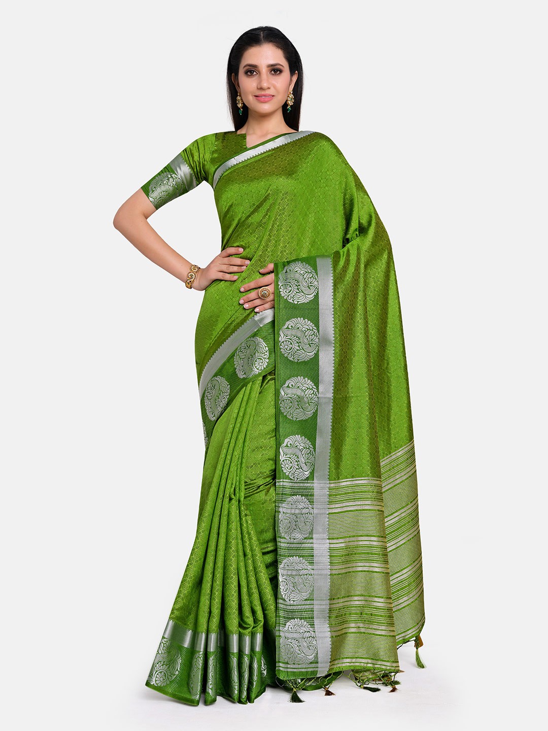 

MIMOSA Olive & Silver-Toned Floral Art Silk Kanjeevaram Saree