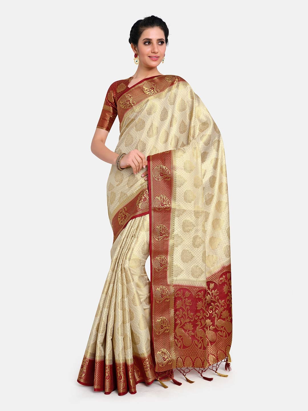 

MIMOSA Beige & Maroon Paisley Zari Art Silk Kanjeevaram Saree