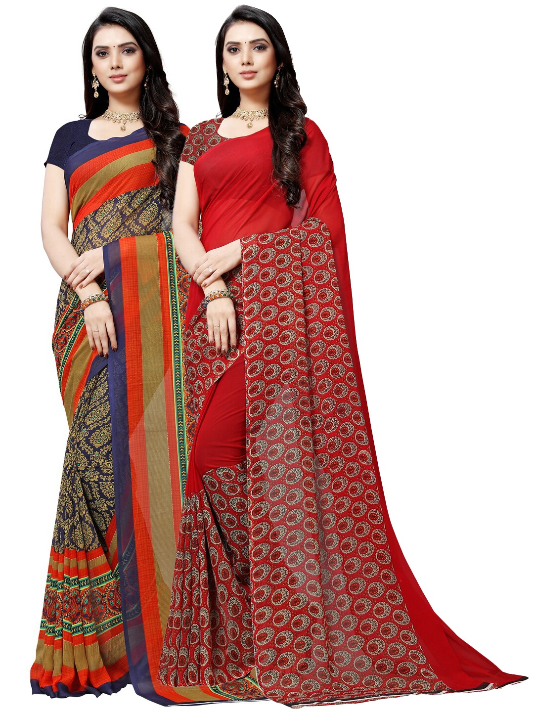 

ANAND SAREES Pack of 2 Navy Blue & Red Ethnic Motifs Poly Georgette Saree
