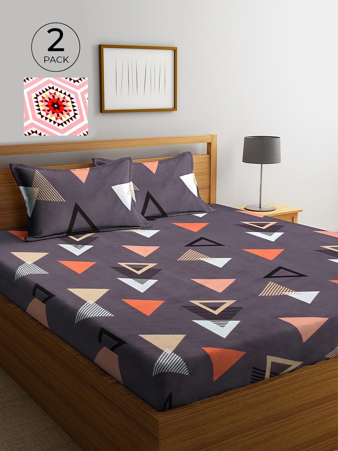 

KLOTTHE Grey & Pink Geometric 210 TC 2 King Bedsheet with 4 Pillow Covers
