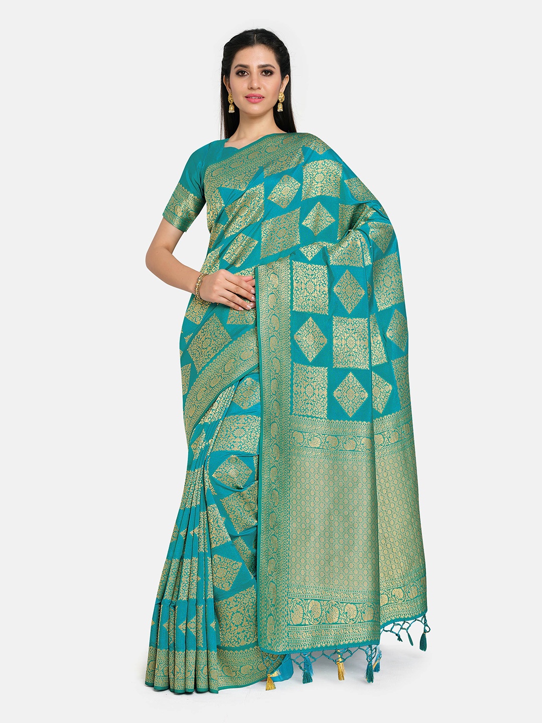 MIMOSA Turquoise Blue & Gold-Toned Floral Zari Art Silk Kanjeevaram Saree
