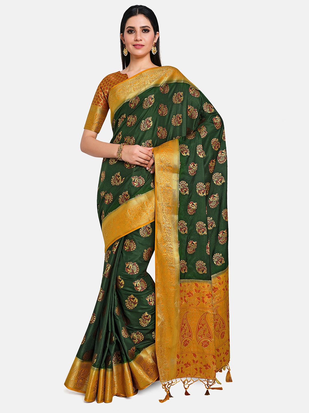 

MIMOSA Green & Gold-Toned Paisley Zari Art Silk Kanjeevaram Saree
