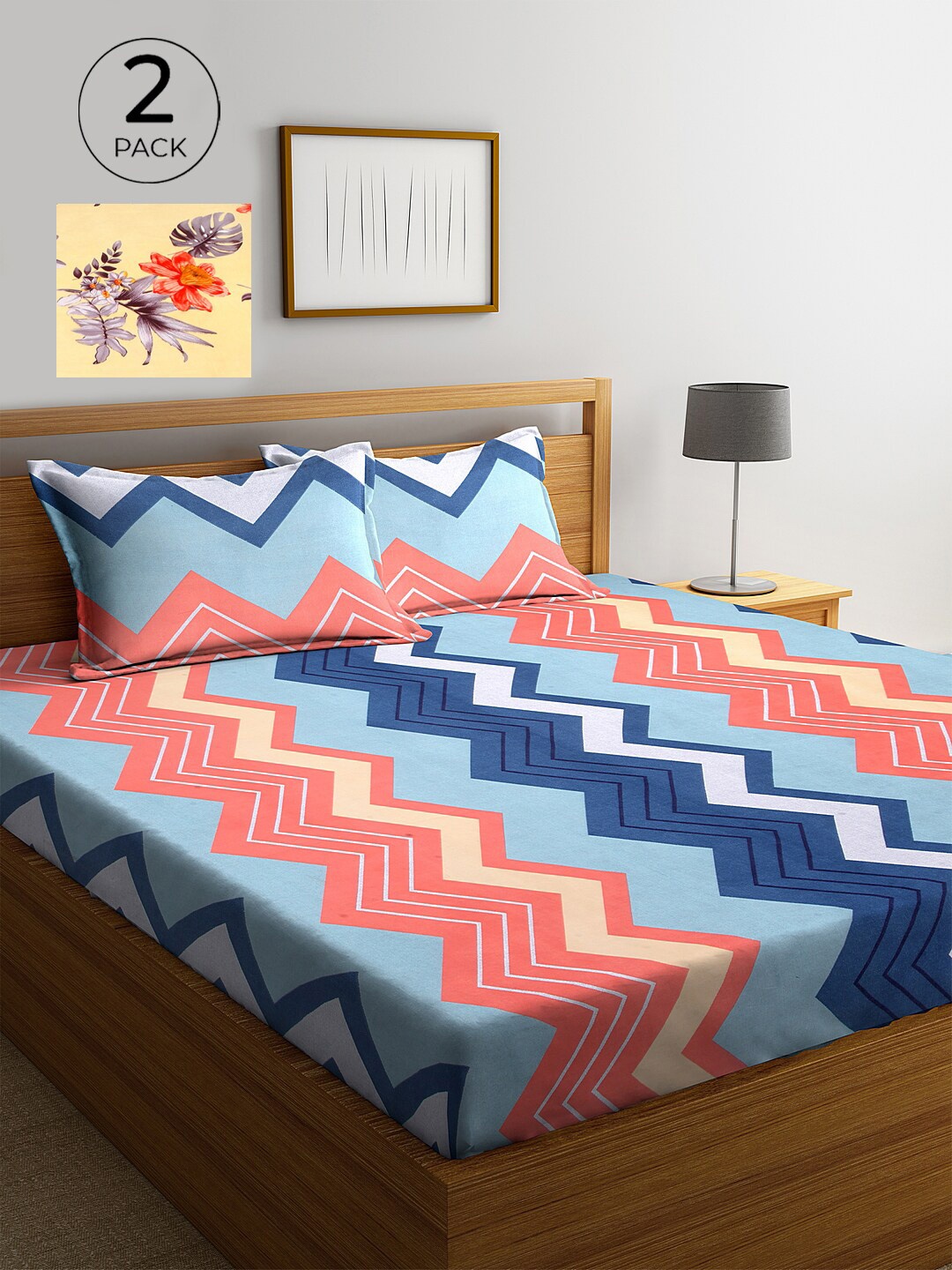 KLOTTHE Blue & Yellow Floral 210 TC 2 King Bedsheet with 4 Pillow Covers