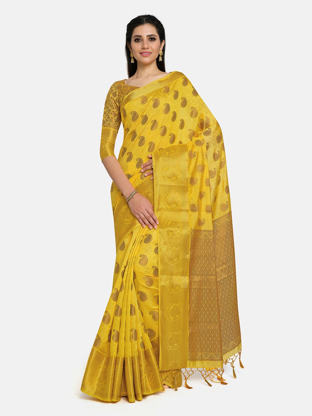 

MIMOSA Yellow & Gold-Toned Woven Design Art Silk Kanjeevaram Saree
