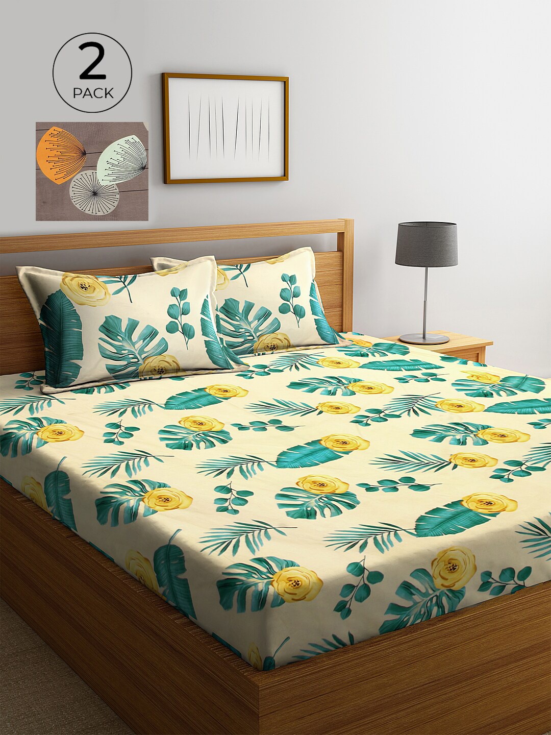 

KLOTTHE Yellow & Brown Floral 210 TC 2 King Bedsheet with 4 Pillow Covers