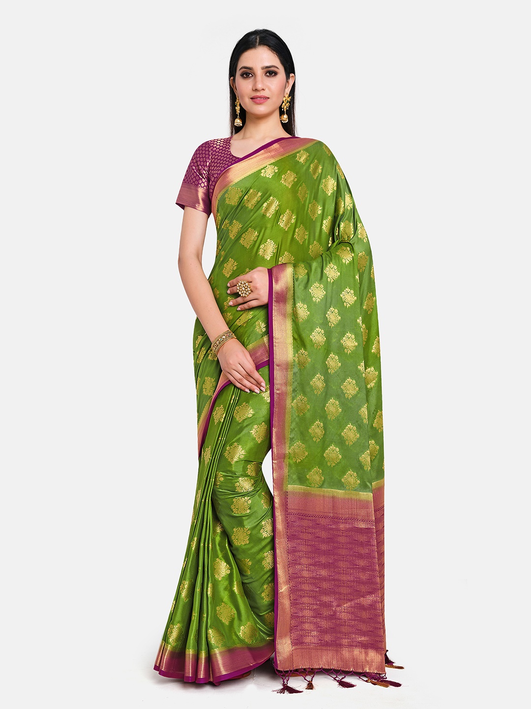 

MIMOSA Green & Magenta Floral Zari Mysore Silk Saree