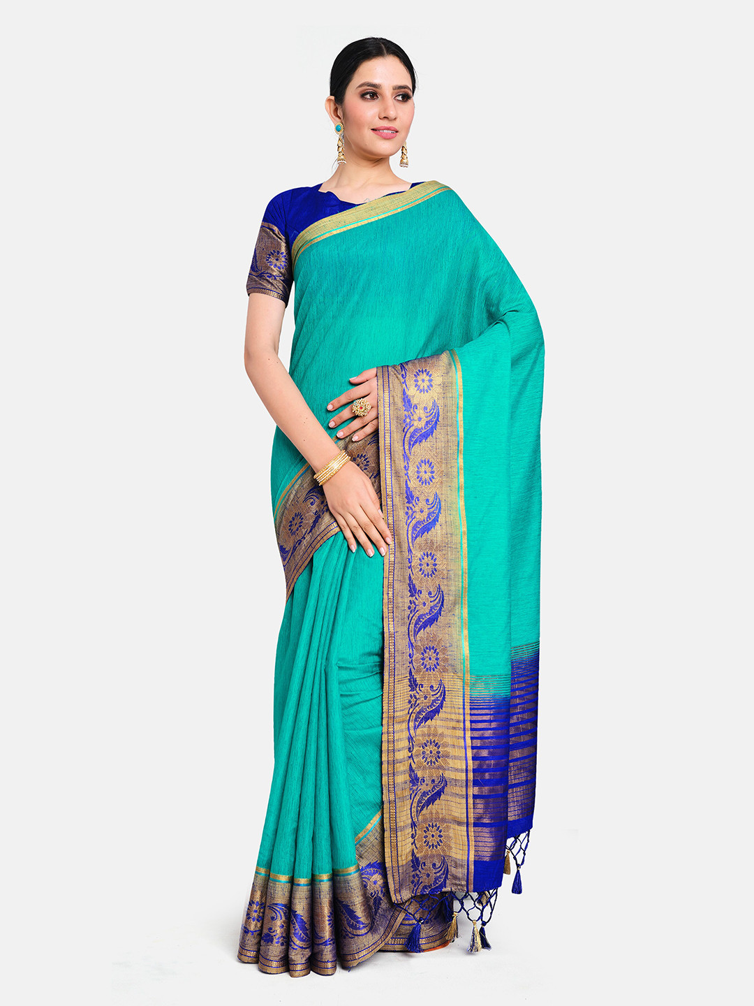 

MIMOSA Turquoise Blue Zari Linen Blend Banarasi Saree