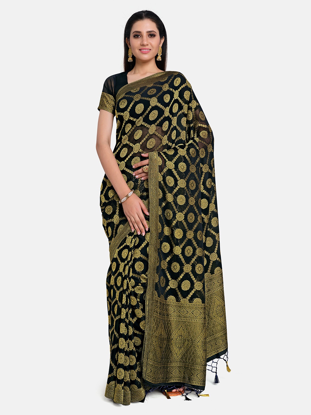 

MIMOSA Black & Gold-Toned Woven Design Zari Banarasi Saree With Tasseled Pallu