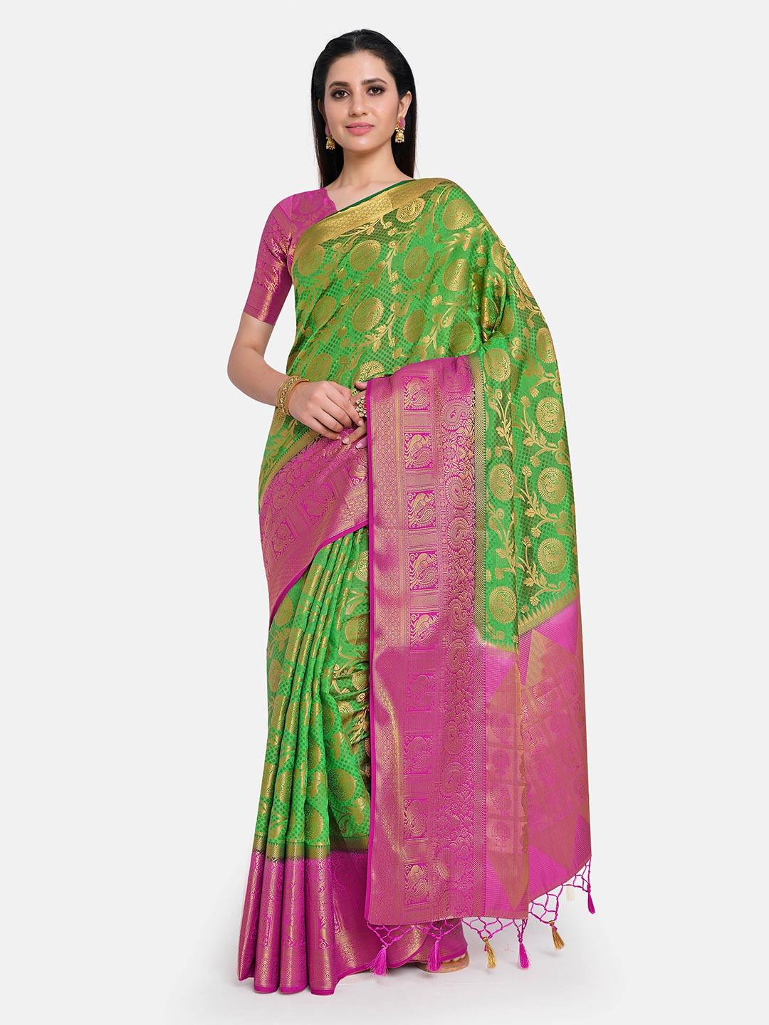 

MIMOSA Green & Pink Woven Design Art Silk Kanjeevaram Saree