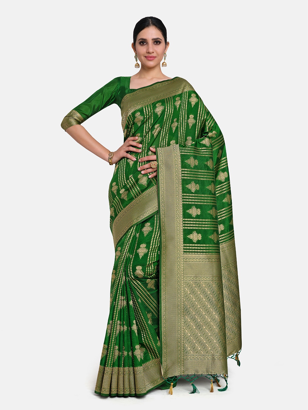 

MIMOSA Green & Gold-Toned Floral Zari Art Silk Kanjeevaram Saree