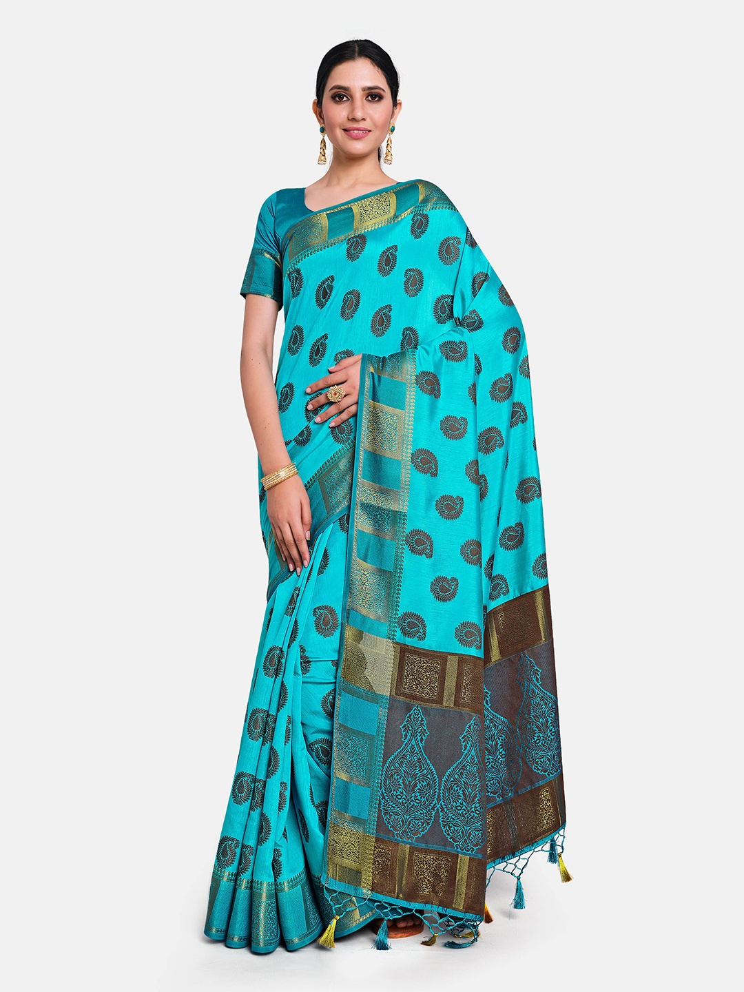 

MIMOSA Turquoise Blue & Gold Woven Design Zari Art Silk Kanjeevaram Saree