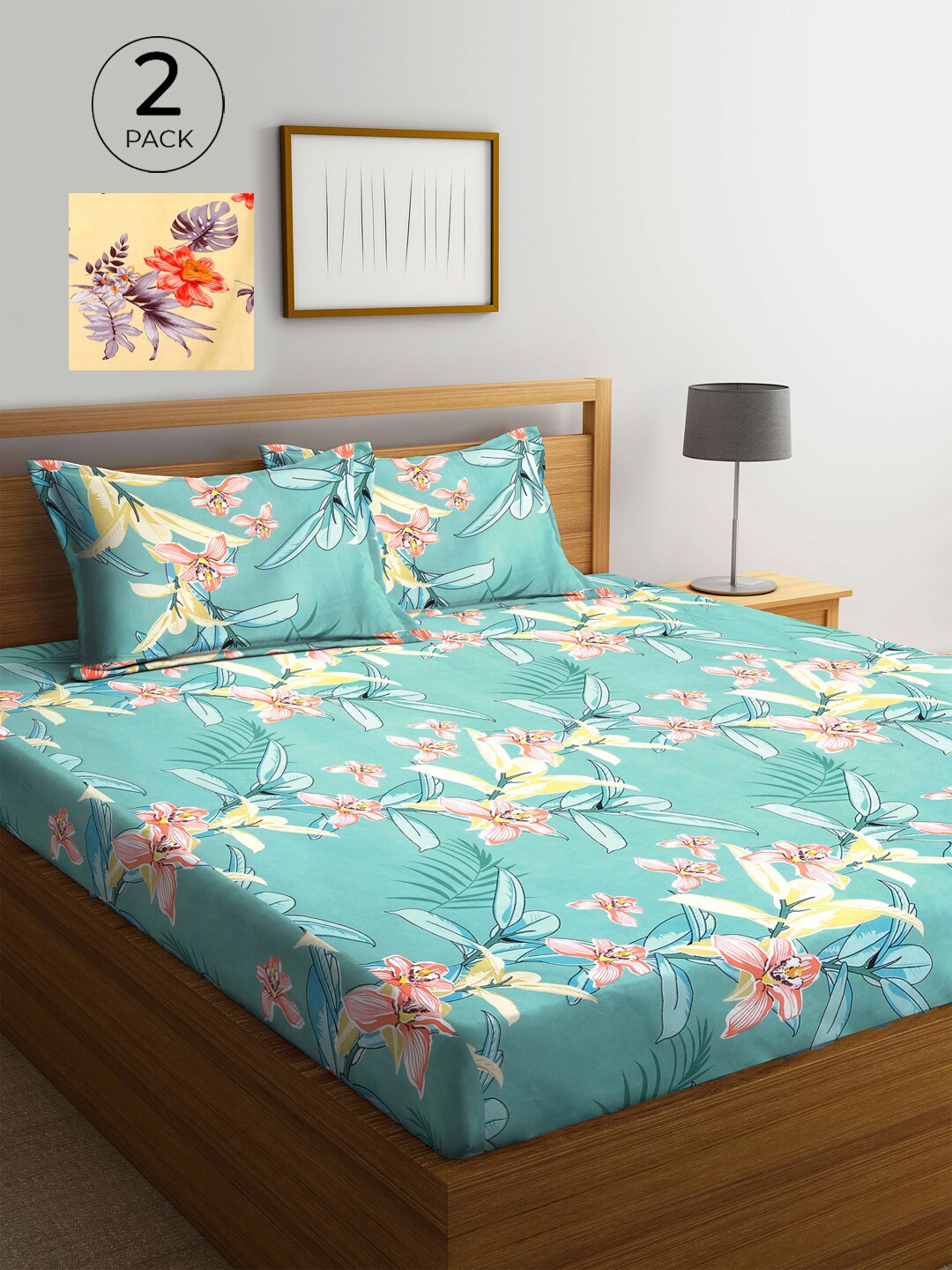 

KLOTTHE Yellow & Blue Floral 210 TC 2 King Bedsheet with 4 Pillow Covers