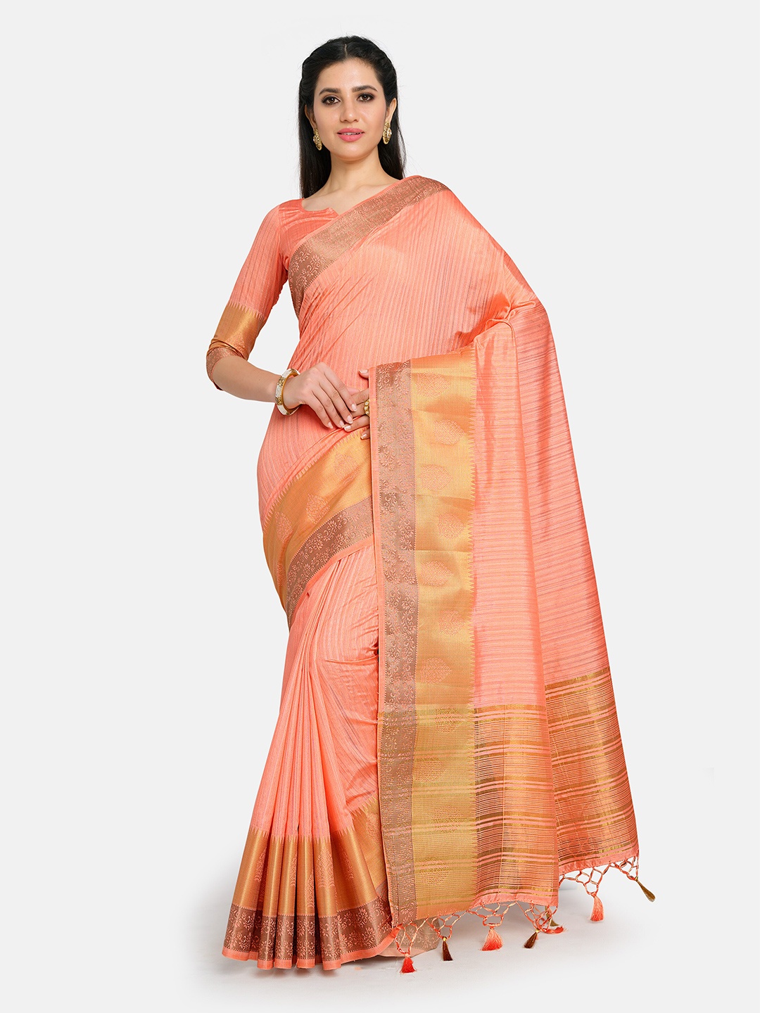 

MIMOSA Peach & Gold Woven Design Zari Art Silk Kanjeevaram Saree With Tasseled Pallu