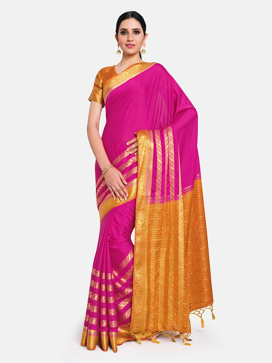 

MIMOSA Pink & Orange Striped Zari Mysore Silk Saree