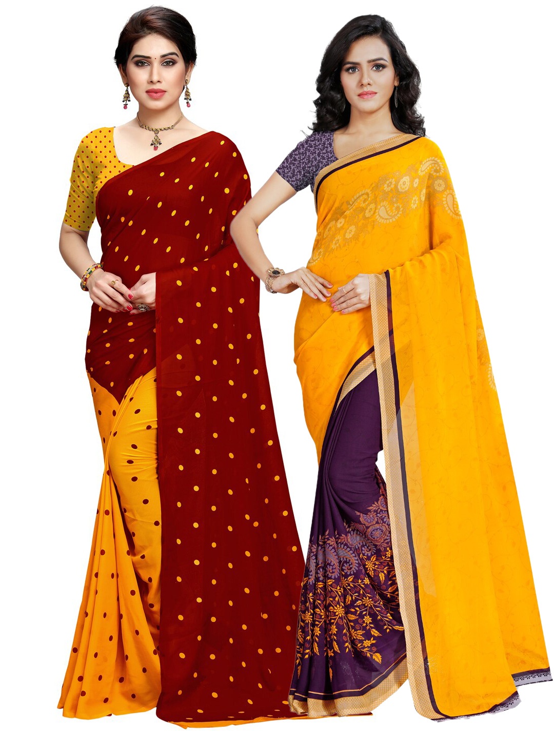 

ANAND SAREES Pack Of 2 Yellow & Brown Half and Half Sarees
