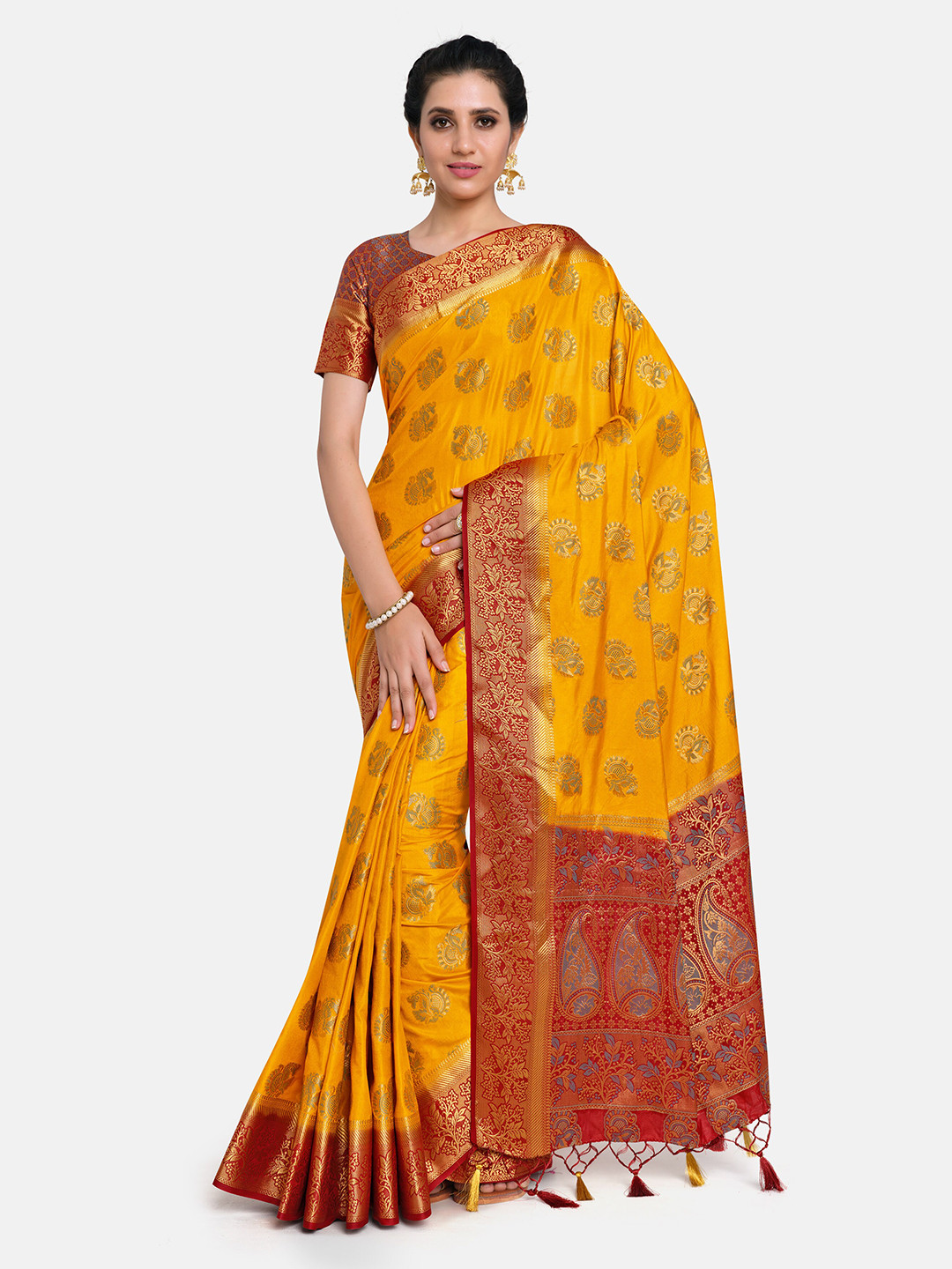 

MIMOSA Mustard & Red Ethnic Motifs Zari Art Silk Kanjeevaram Saree