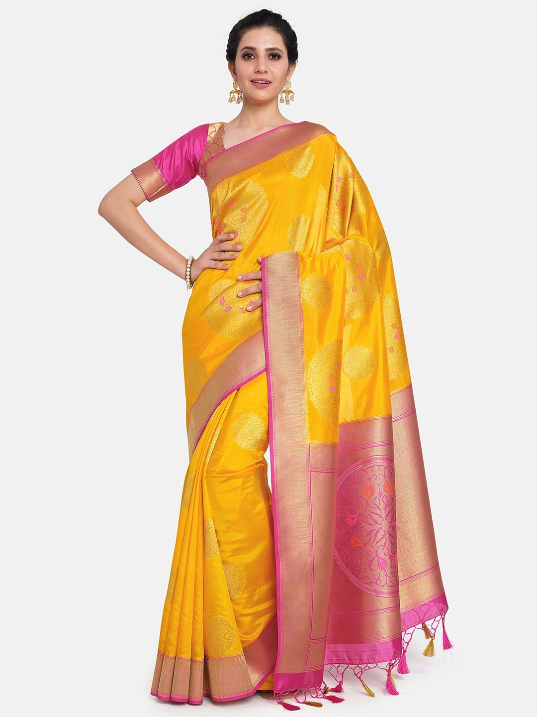 

MIMOSA Mustard & Pink Woven Design Zari Art Silk Kanjeevaram Saree With Tasseled Pallu