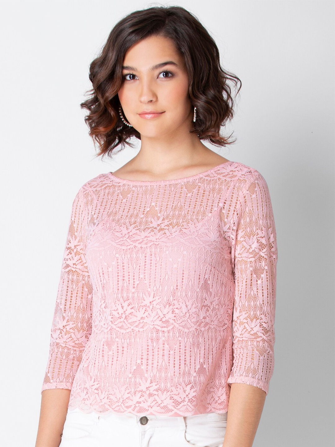 

FabAlley Women Pink Lace Regular Top