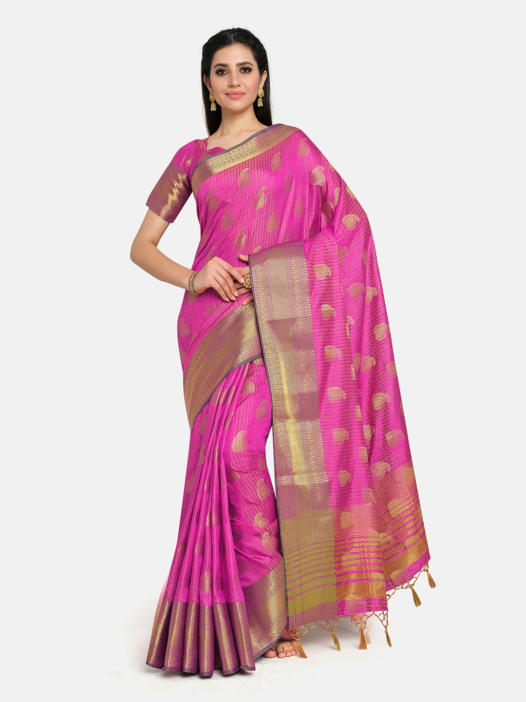 

MIMOSA Pink & Gold-Toned Floral Zari Art Silk Kanjeevaram Saree