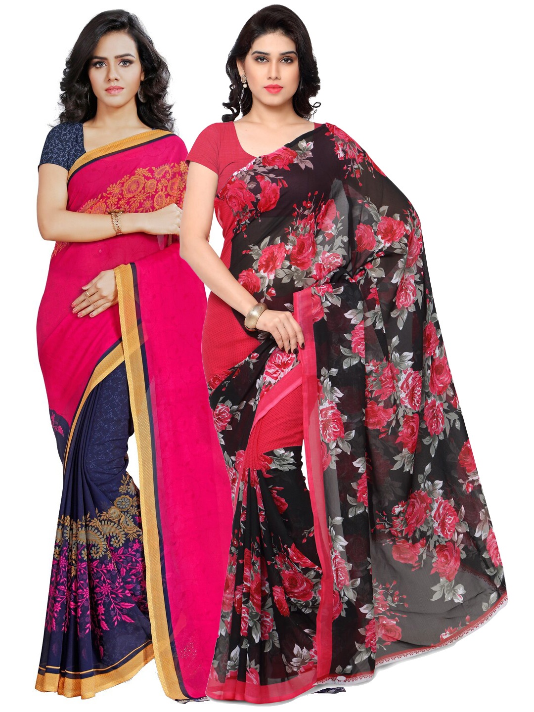 ANAND SAREES Pack Of 2 Black & Pink Floral Saree
