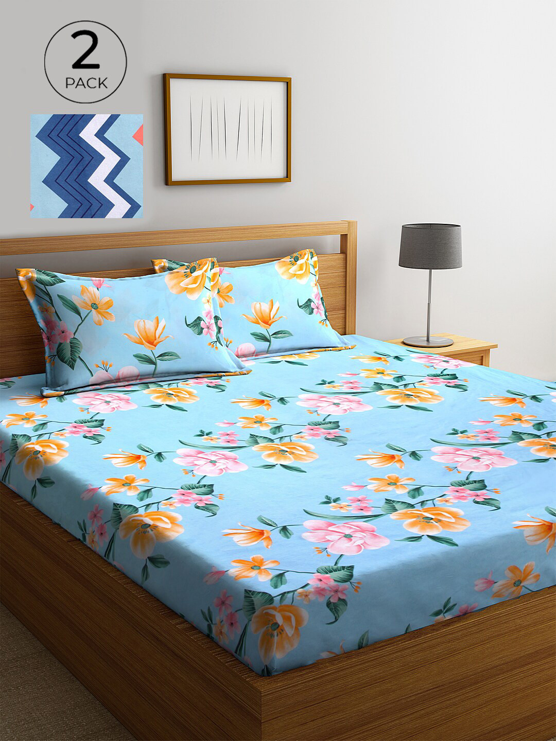 

KLOTTHE Blue & Yellow Floral 210 TC 2 King Bedsheet with 4 Pillow Covers