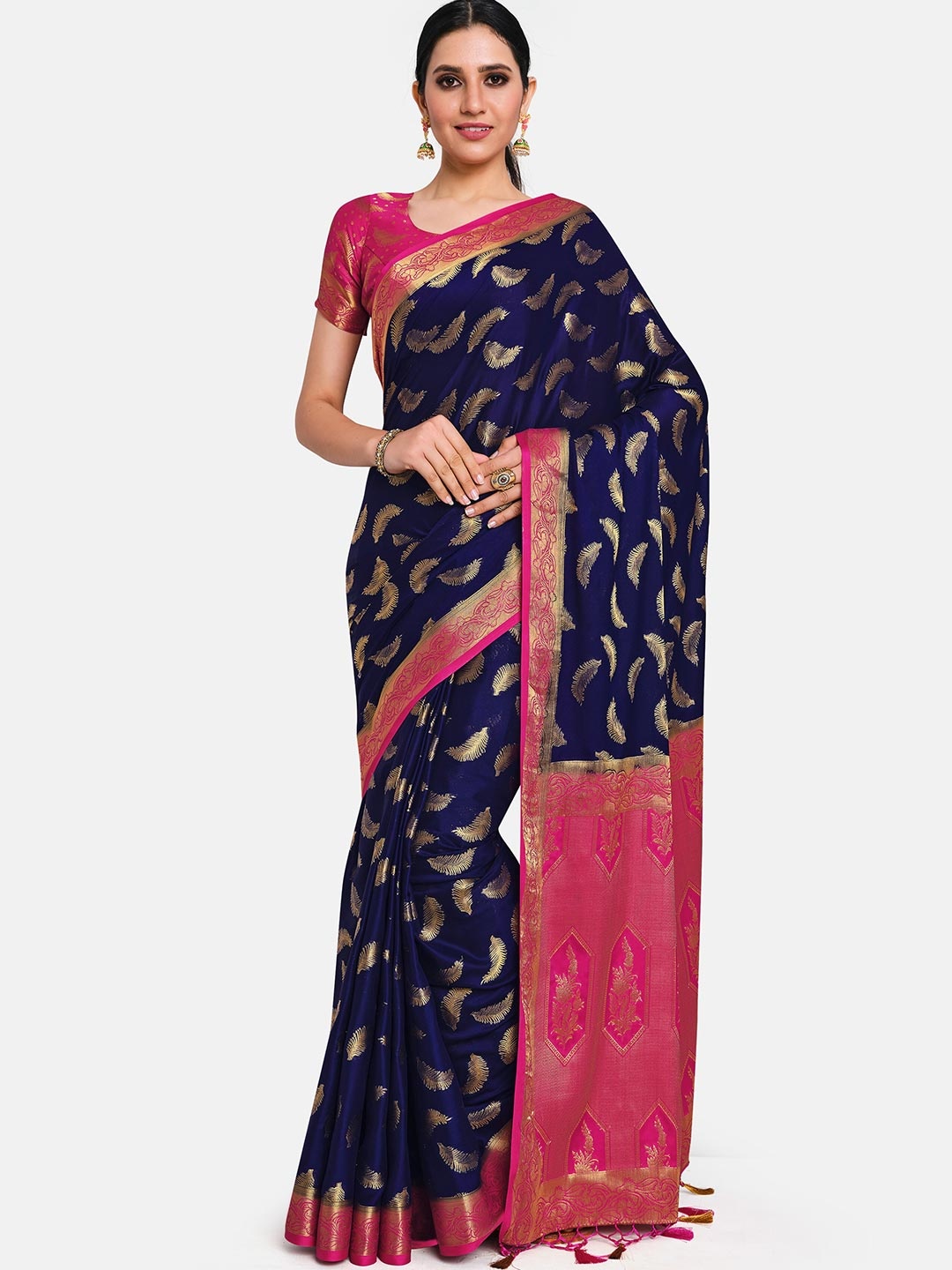 

MIMOSA Navy Blue & Pink Woven Design Mysore Silk Saree