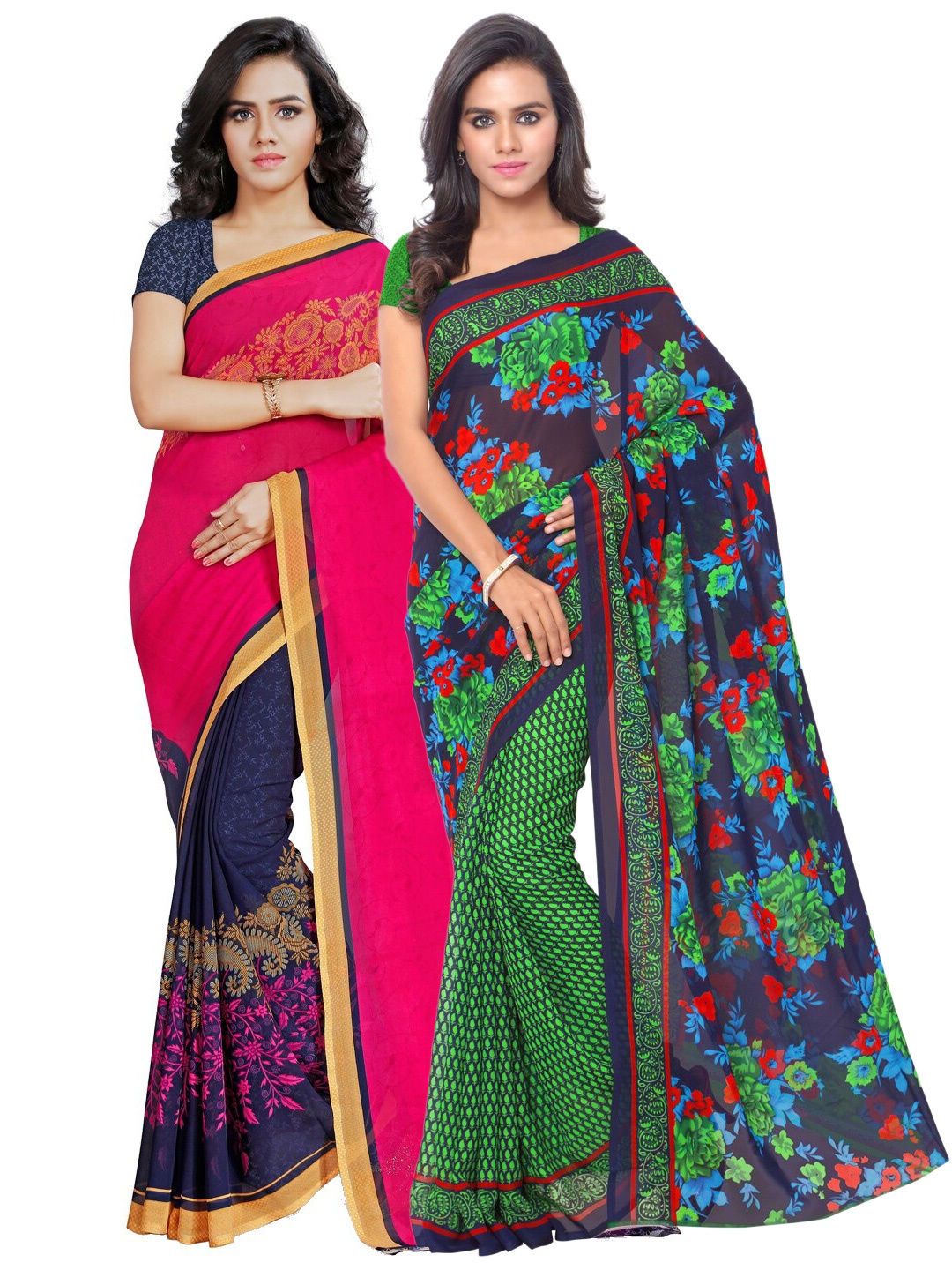 ANAND SAREES Green & Blue Floral Pack of 2 Saree