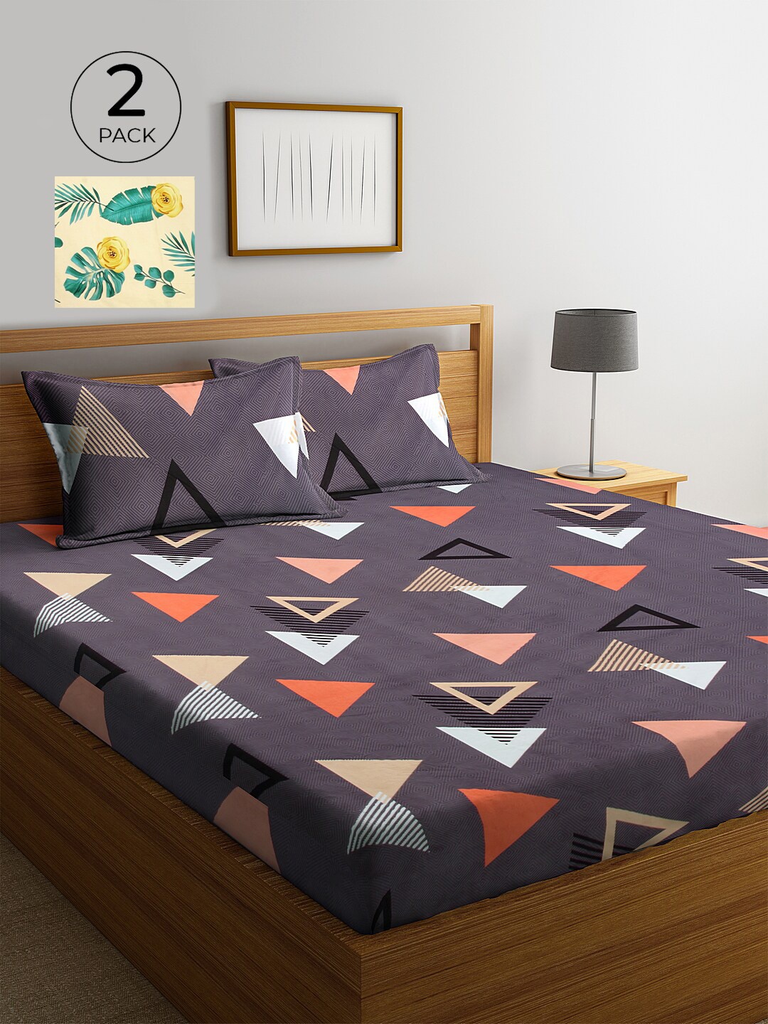 

KLOTTHE Purple & Yellow Geometric 210 TC 2 King Bedsheet with 4 Pillow Covers