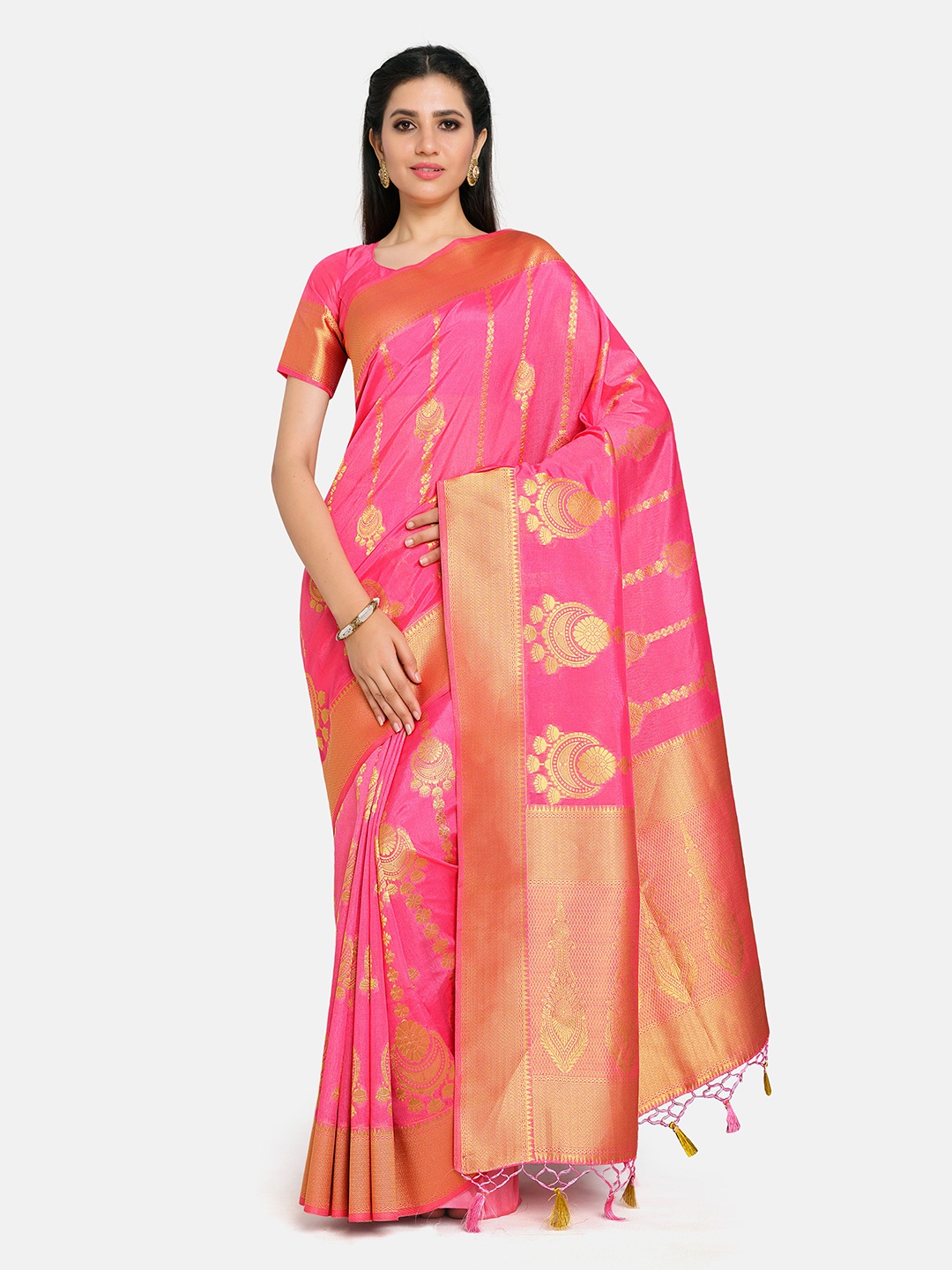 

MIMOSA Pink & Gold-Toned Woven Design Zari Art Silk Kanjeevaram Saree