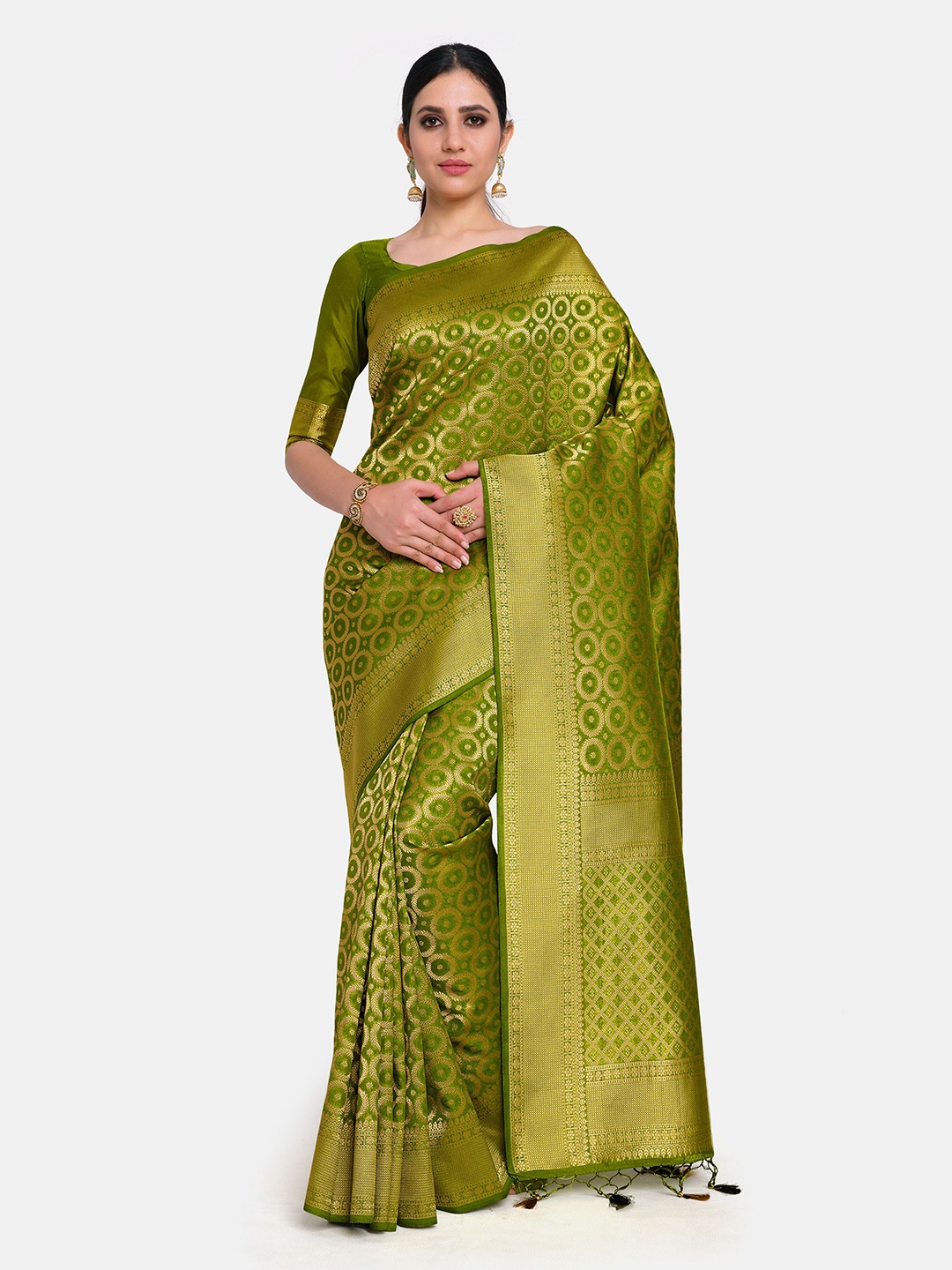 

MIMOSA Olive & Gold-Toned Floral Zari Art Silk Kanjeevaram Saree