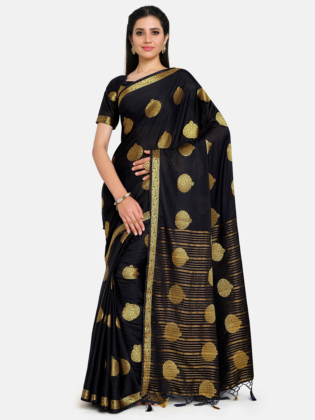 

MIMOSA Black & Gold-Toned Woven Design Zari Mysore Silk Saree