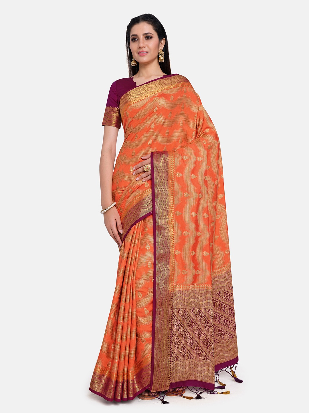 

MIMOSA Orange & Magenta Paisley Art Silk Kanjeevaram Saree