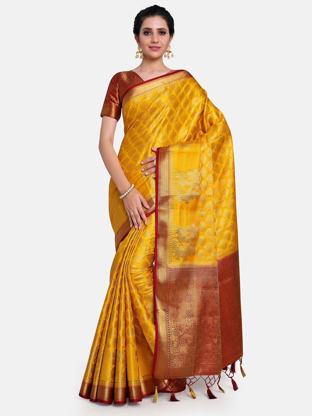 

MIMOSA Mustard & Maroon Floral Zari Art Silk Kanjeevaram Saree