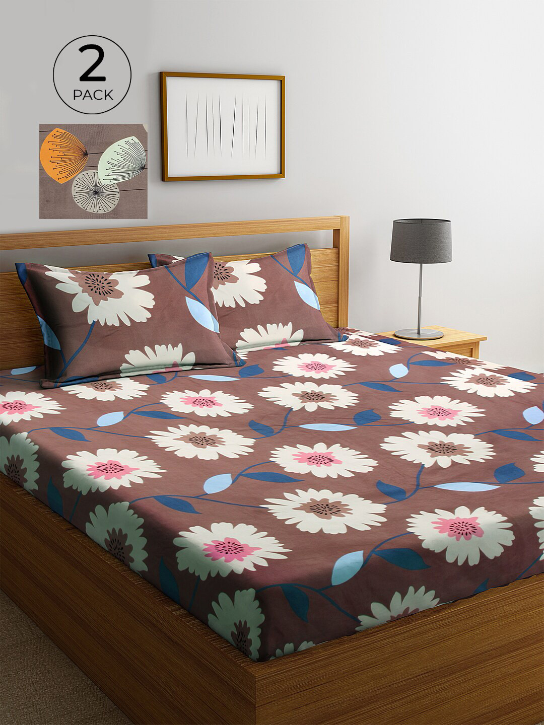 

KLOTTHE Coffee Brown & Cream-Coloured Floral 210 TC 2 King Bedsheet with 4 Pillow Covers
