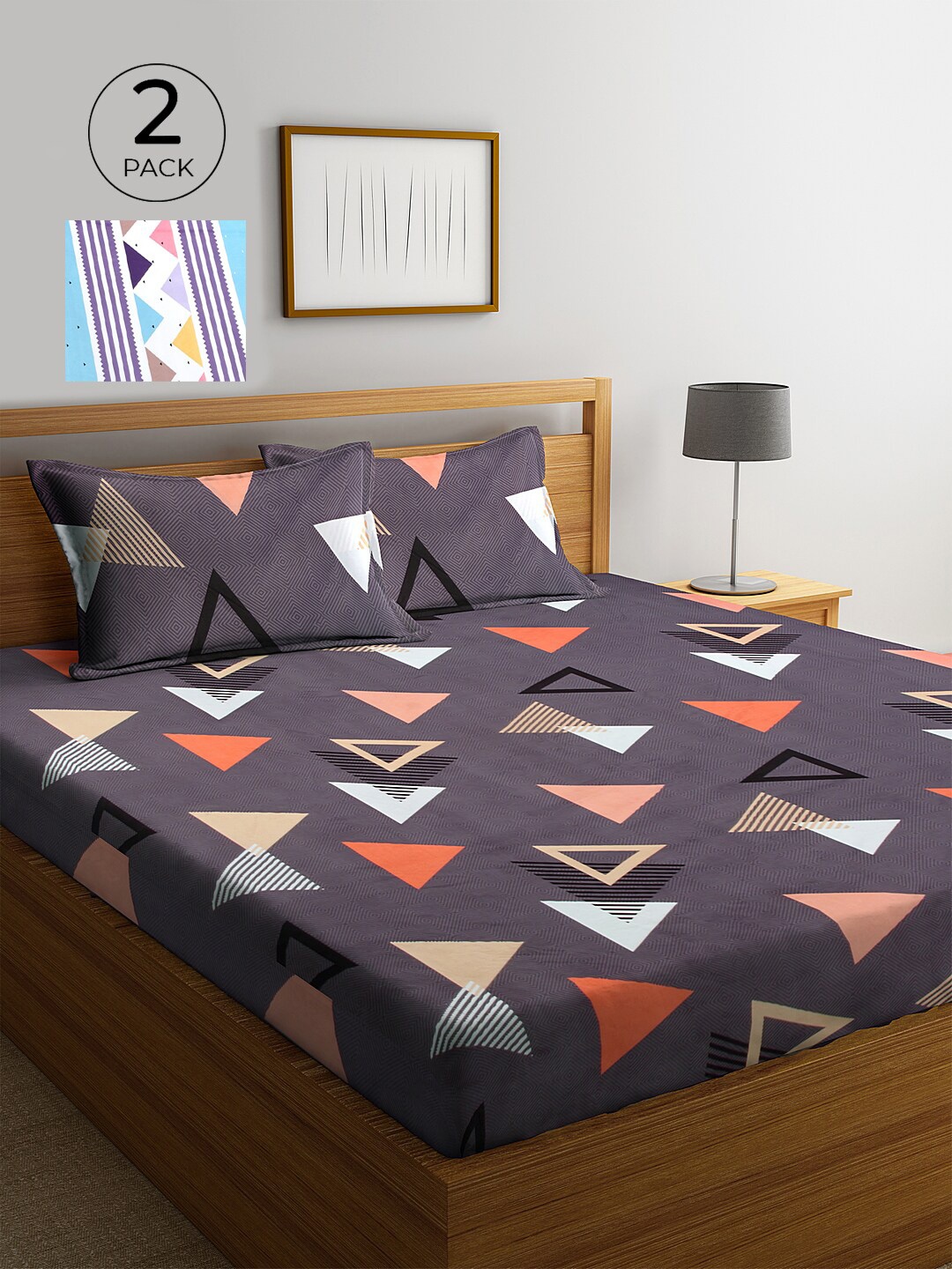 

KLOTTHE Pack of 2 Grey & Blue Geometric 300 TC King Bedsheet with 4 Pillow Covers