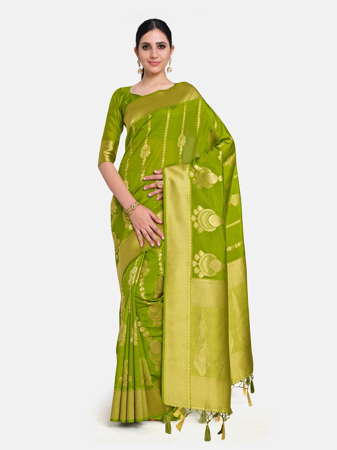 

MIMOSA Olive & Gold-Toned Floral Zari Art Silk Kanjeevaram Saree