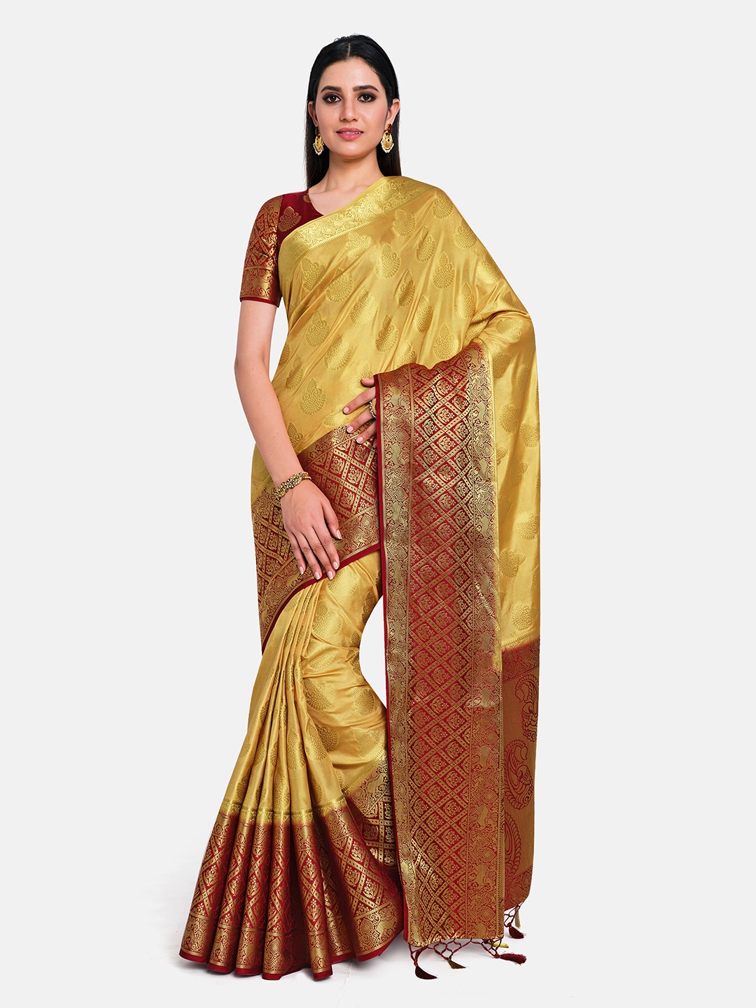 

MIMOSA Yellow & Maroon Ethnic Motifs Zari Art Silk Kanjeevaram Saree