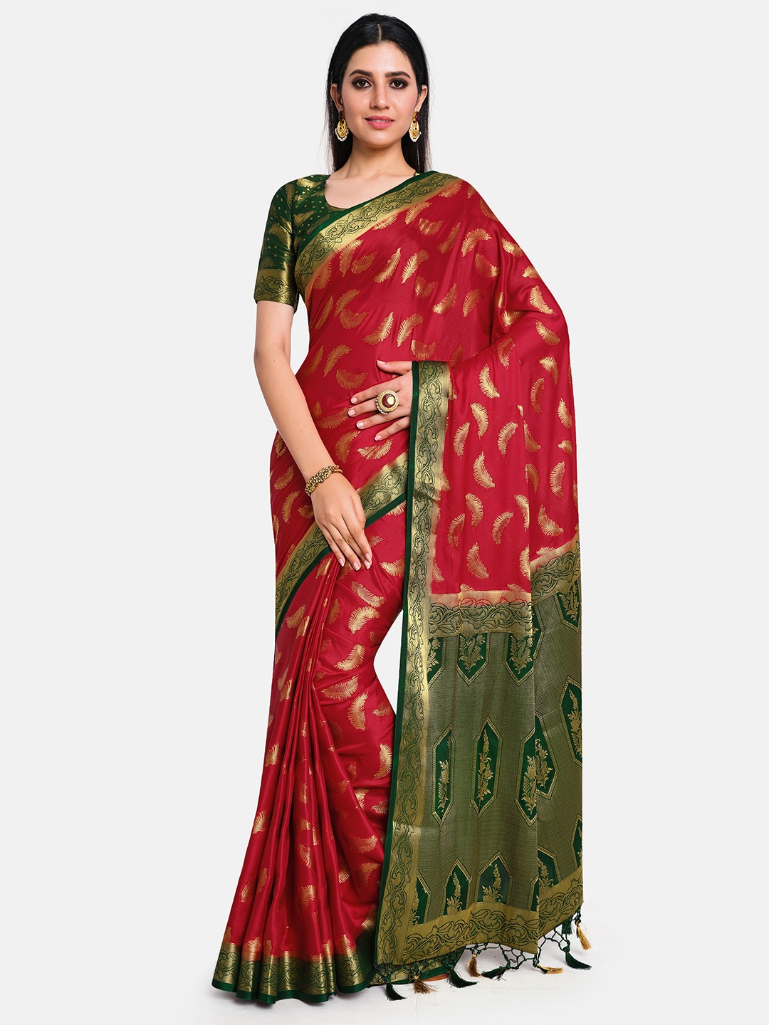 MIMOSA Red & Green Woven Design Zari Mysore Silk Saree