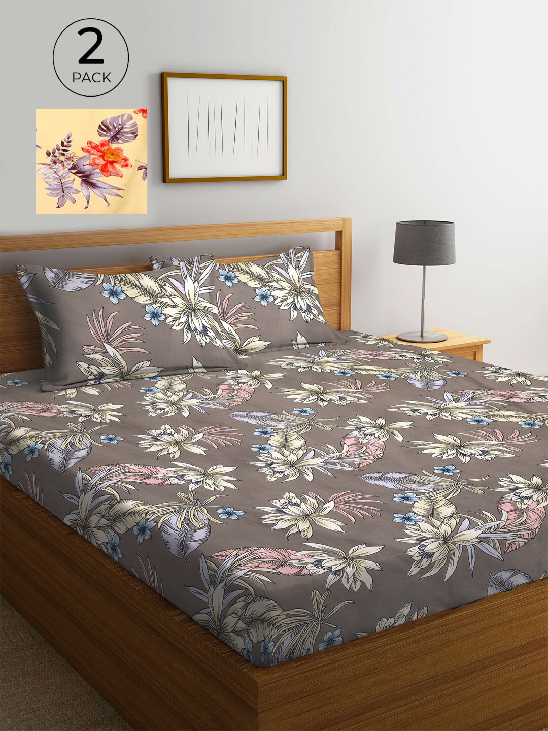 

KLOTTHE Yellow & Grey Floral 210 TC 2 King Bedsheet with 4 Pillow Covers