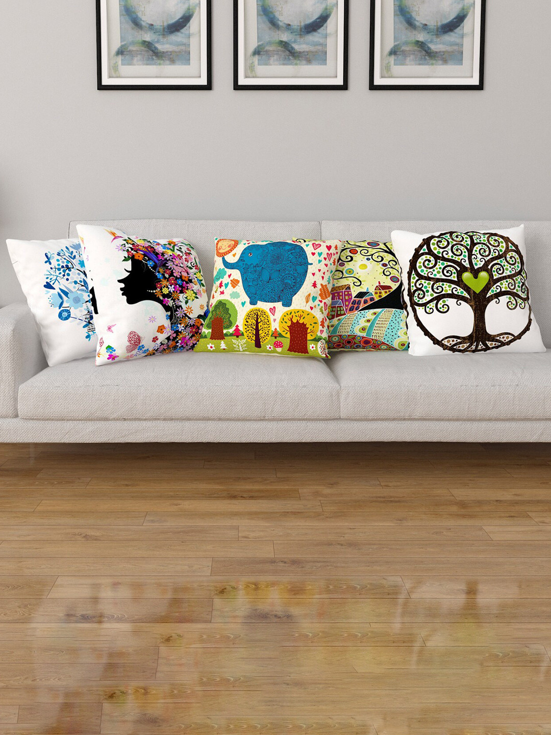 

Home Centre Set Of 5 White & Blue Floral Square Cushion Covers
