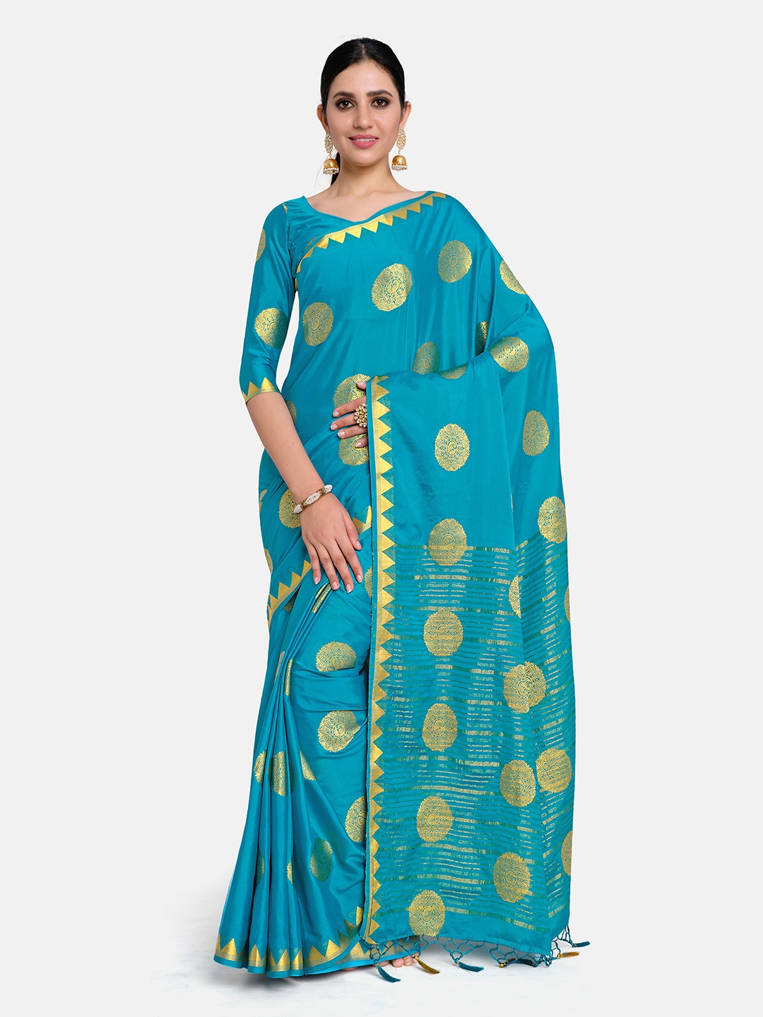

MIMOSA Turquoise Blue & Gold-Toned Woven Design Mysore Silk Saree