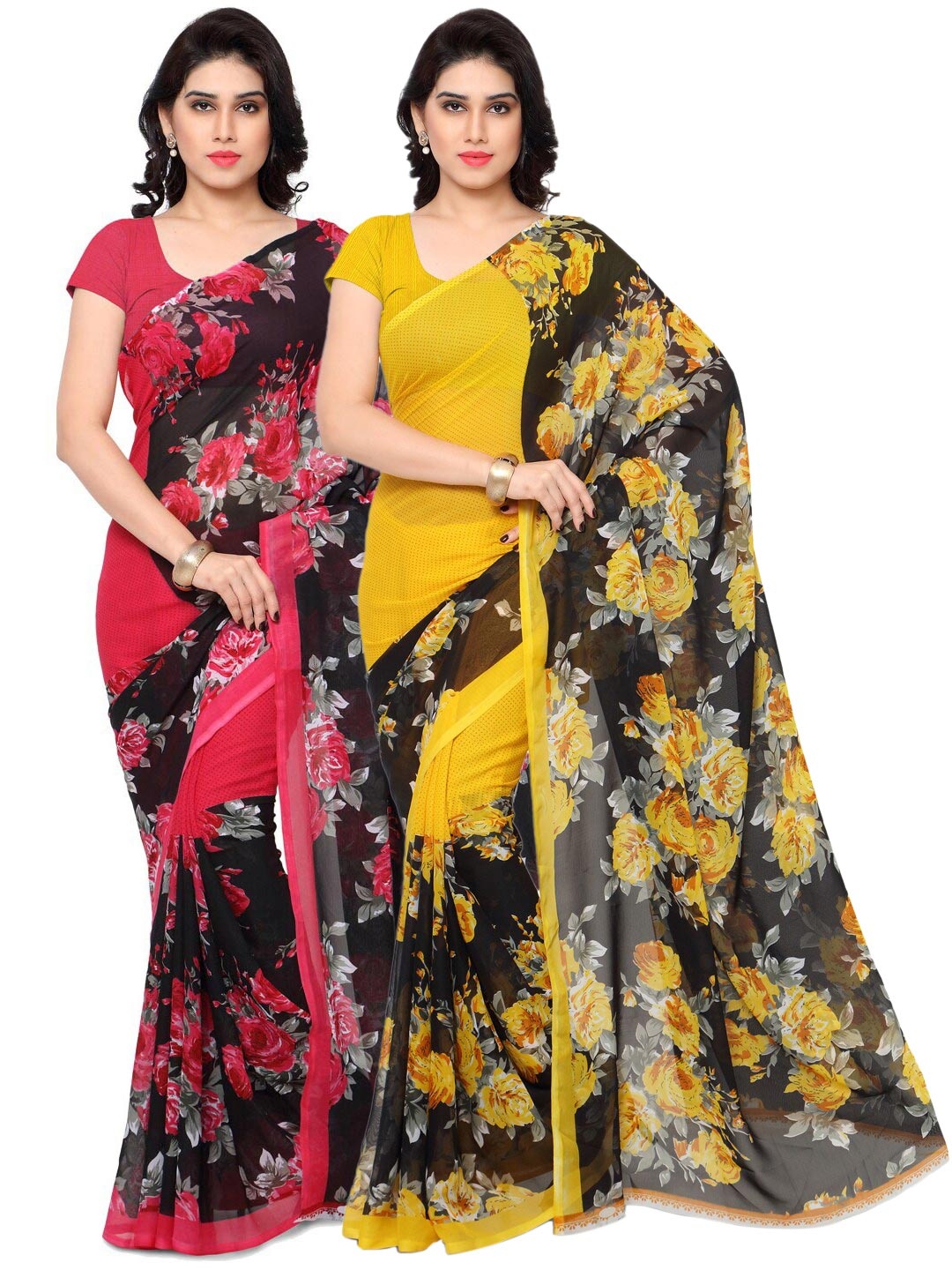

ANAND SAREES Pack Of 2 Poly Georgette Sarees, Yellow