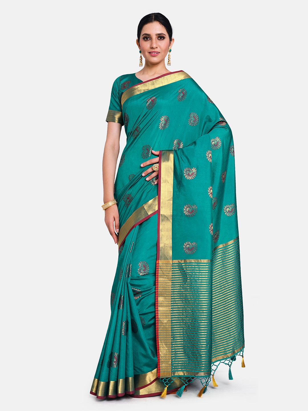 

MIMOSA Turquoise Blue & Red Paisley Zari Art Silk Kanjeevaram Saree