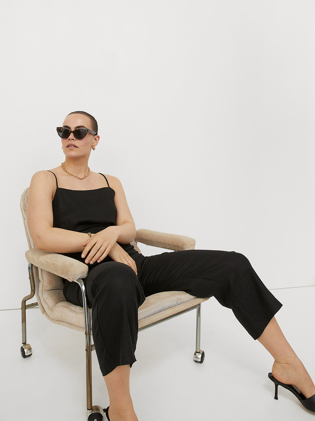 

H&M Women Black Solid Linen Basic Jumpsuit