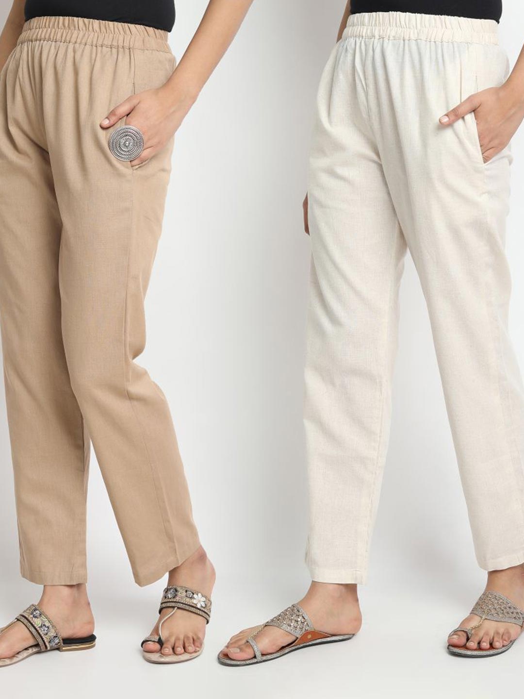 

Molcha Women Pack of 2 White & Beige Pure Cotton Palazzos