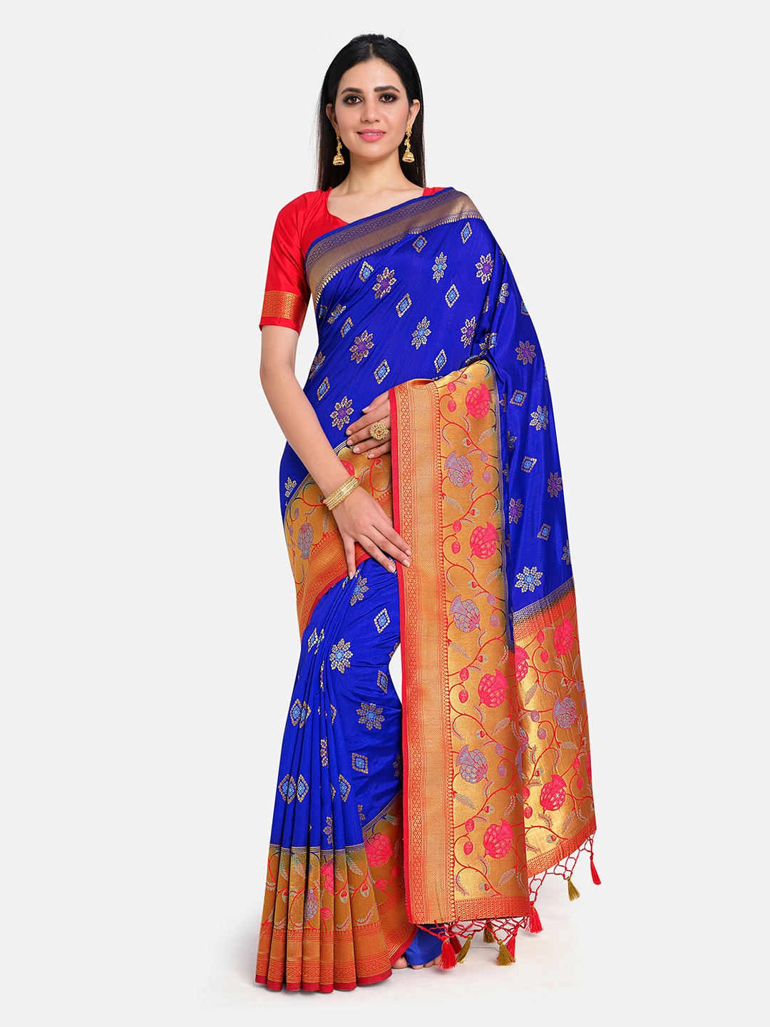 

MIMOSA Blue & Red Woven Design Zari Art Silk Kanjeevaram Saree